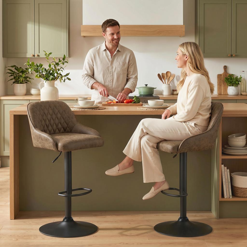 Bar Stools, Set of 2, High Kitchen Stools, Swivel Seat, Adjustable Height, Dark Brown