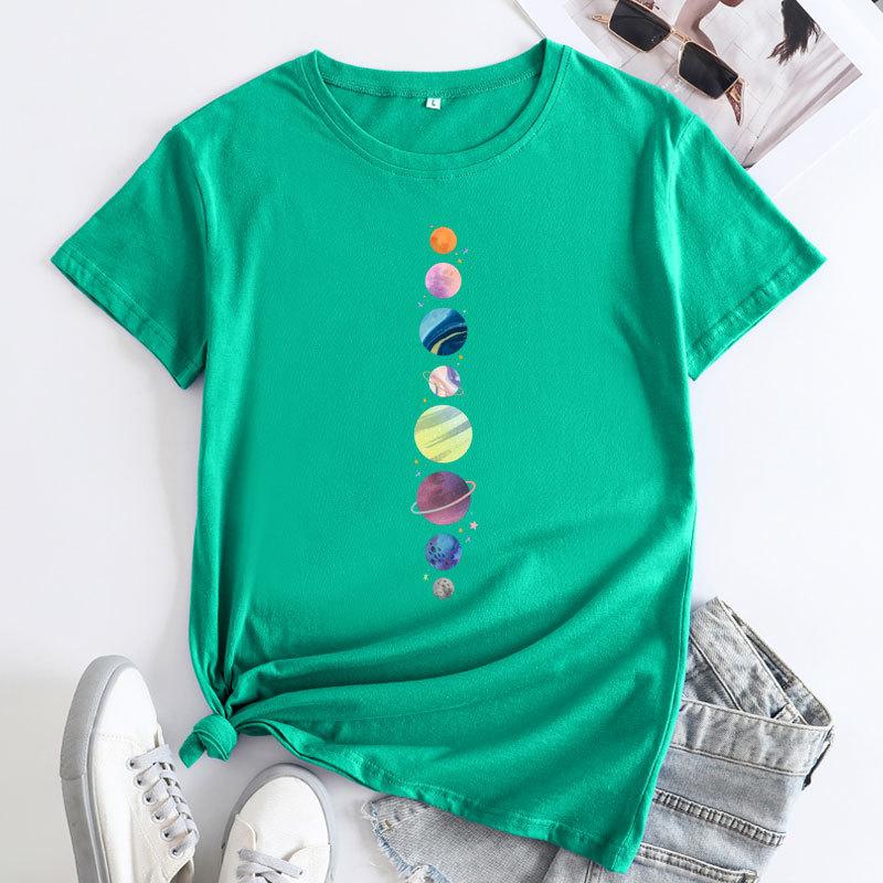 Summer Round Neck Planet Pattern Printed Top Fashionable Casual Short Sleeved Women's Pure Cotton T-shirts