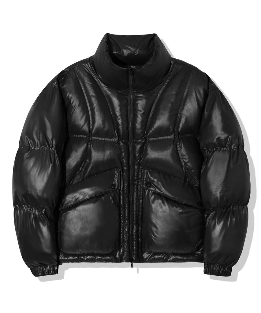 Trillion Incision Line Glossy Puffer Short Padded Jacket [Black]