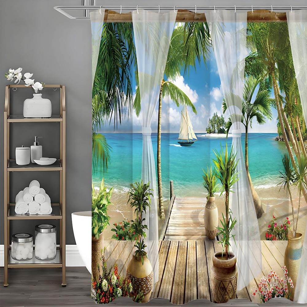 Balcony Beach Seaview Shower Curtain, Floral Ocean Palm Tree Sailboat Bathroom Decorative Shower Curtain, Waterproof Shower Curt