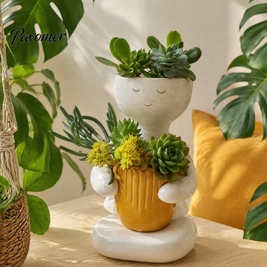 Cute Zen Home Decor Smiling Face Plant Pot, Double Planting Space Planter, Resin Desktop Flower Holder Sitting Figure Flowerpot for Succulents, Office