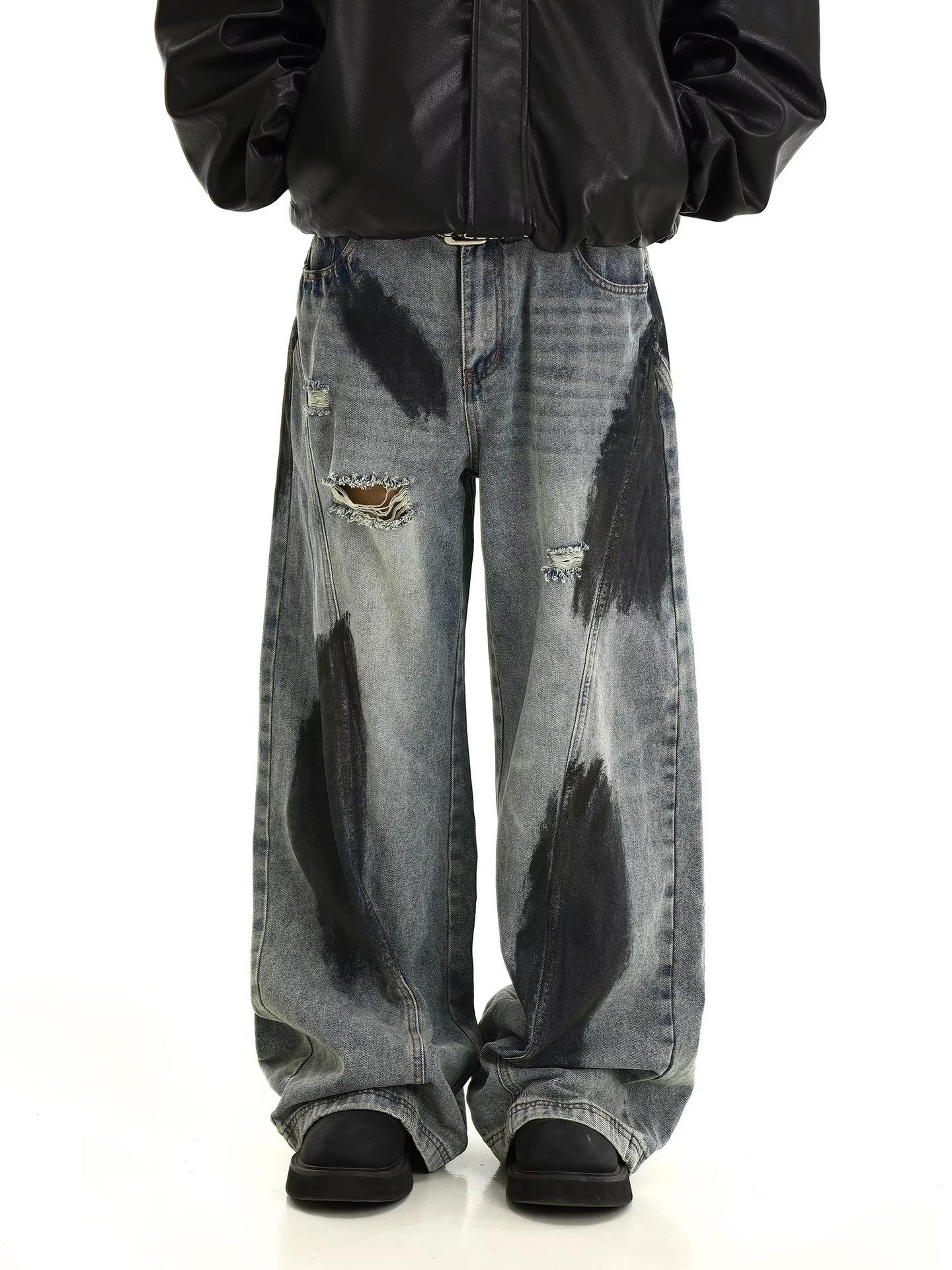 Джинсы JYL мужские рваные весна осень винтажные стиранные свободные прямой крой деним S бездна