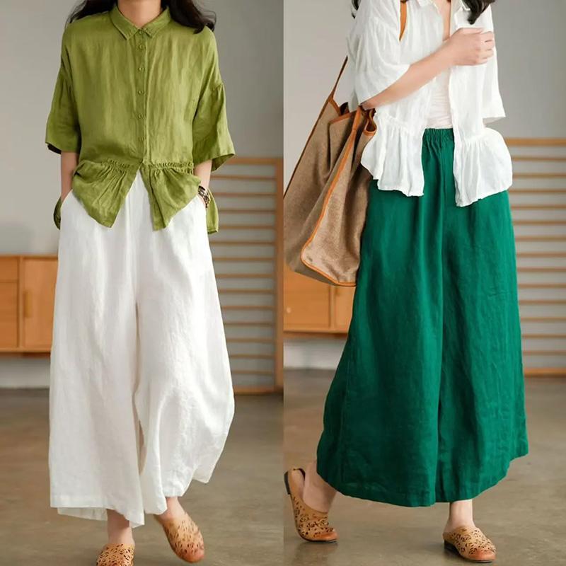 Pants Summer Women Plus Size Cotton Loose Pajama Pants Versatile Casual Solid Color Wide-leg Linen Pants