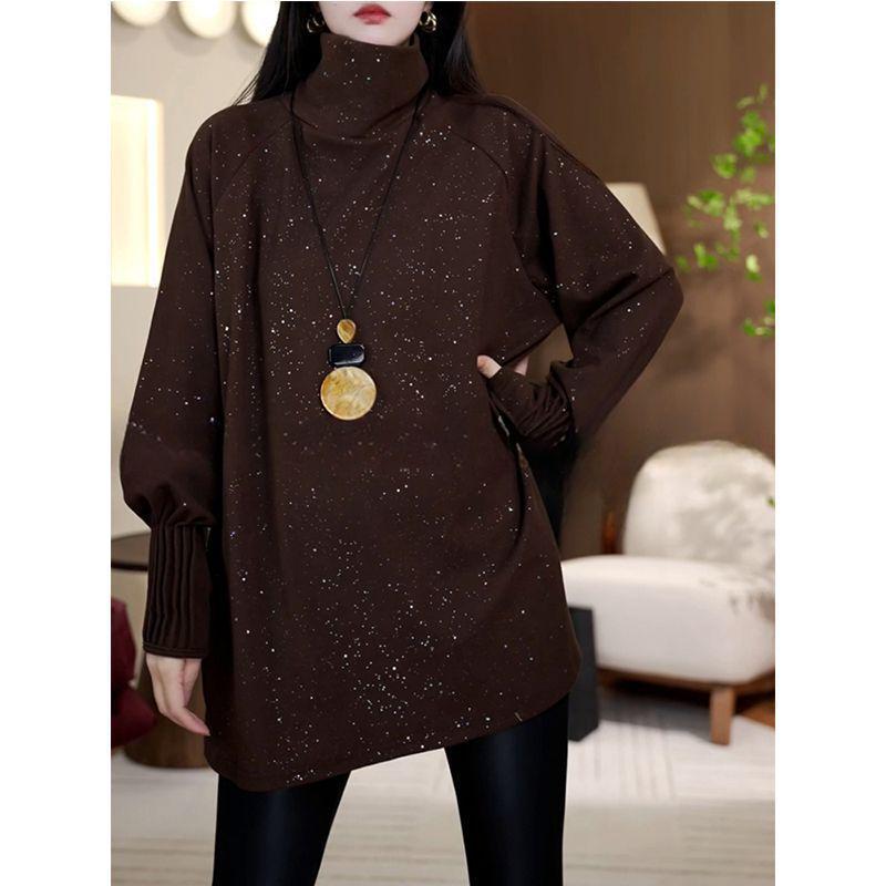 Plus Size Sequined High Neck Ruffle Long Sleeve Thickened Warm Mid-Length Top for Women 