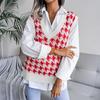 V-neck Checkered Knitted Vest Women Sweater Casual Loose Commute Simple Base Shirt Autumn and Winter