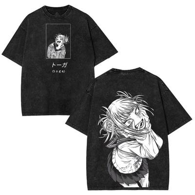 My Hero Academia Toga Himiko T-shirt Men's Clothing Manga Printed Vintage Washed Oversized T Shirt High Quality Cotton Tees Tops