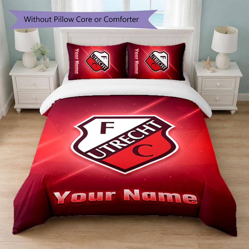 FC Utrecht Set Biancheria da Letto Personalizzato con Nome Testo 1 Copripiumino+2 Federe Logo Calcio Regalo Personalizzato per Occasioni Speciali Decorazione Camera da Letto