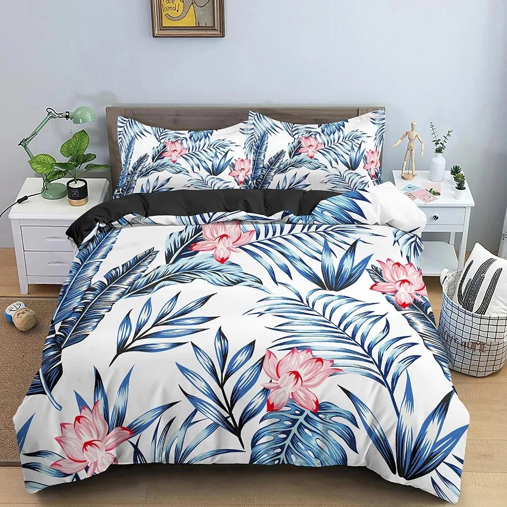Tropical Flower Leaf Duvet Cover King Queen Colorful Vintage Floral Bedding Set for Adults Women Boho Polyester Comforter Cover
