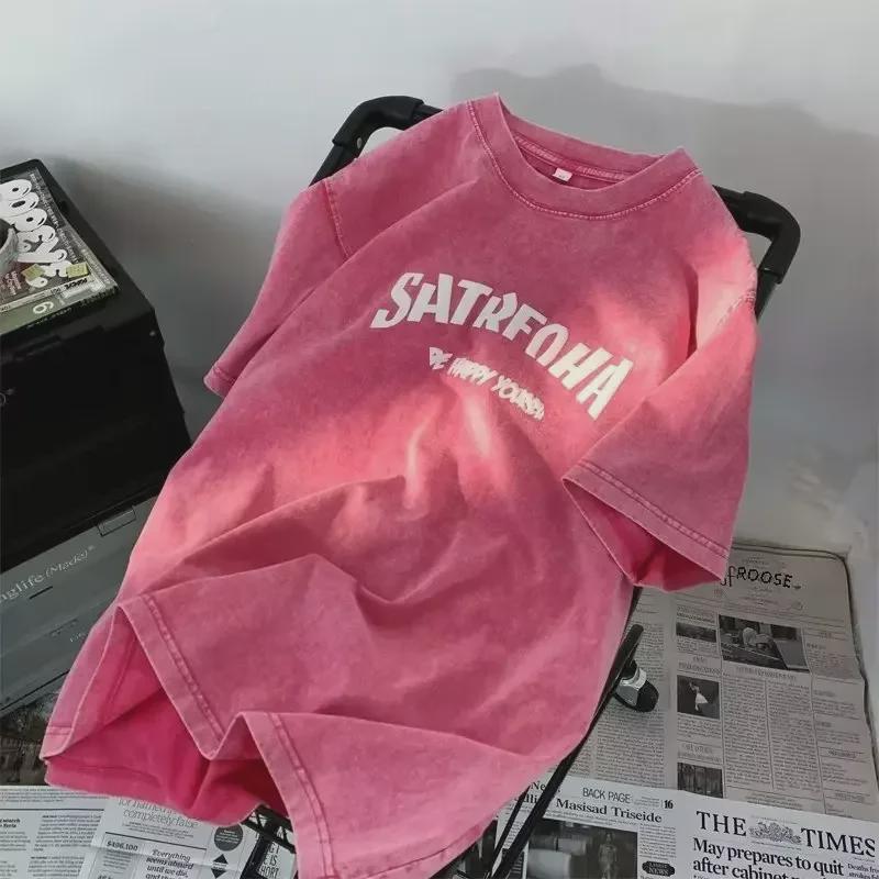 

Мужская американская ретро-стираемая футболка с короткими рукавами и круглым вырезом из хлопка свободного покроя 3XL розовый