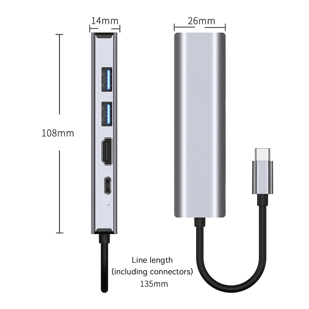 5 In 1 TYPE-C To USB3.0*1+USB2.0*1+PD100W/USB-C Data+HDMI+100M Network Card PC