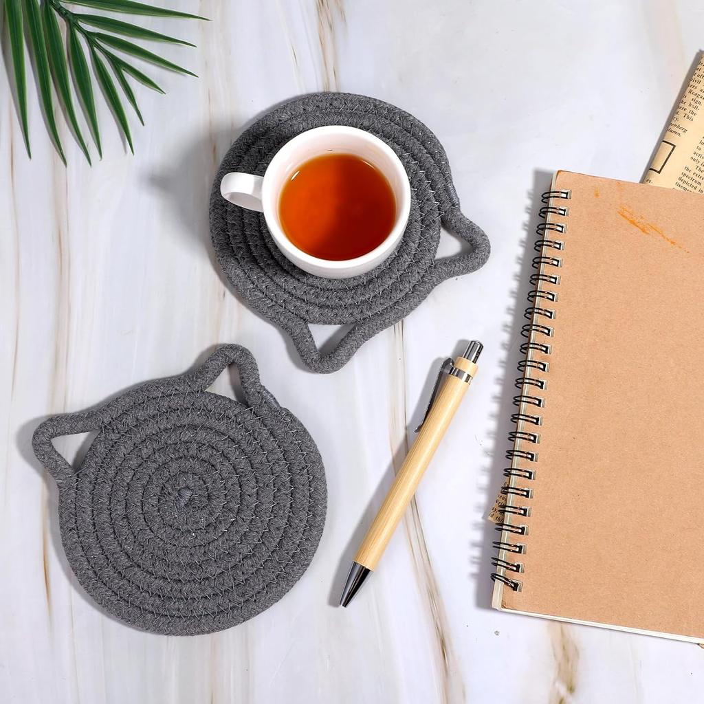 2 PCS Cute Coasters, Absorbent Fabric Mug Pads Cat Ear Shape Large Size Coasters for Drinks Handmade Braided Cotton Coaster for Wooden Table Tabletop