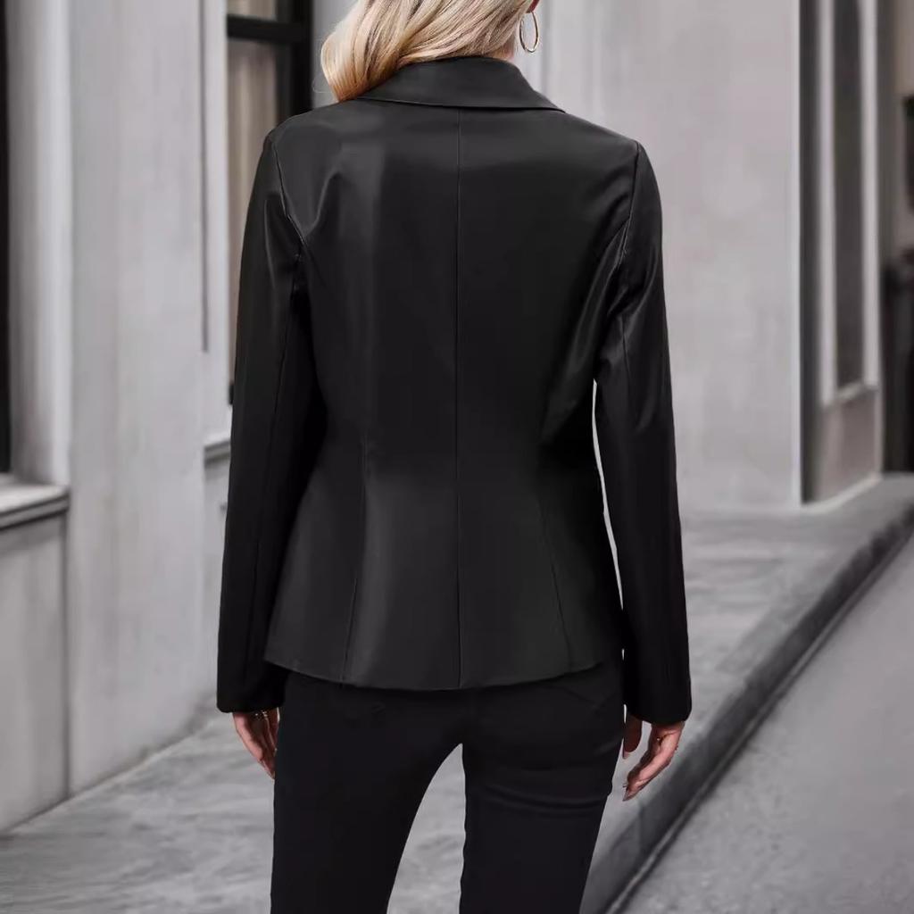 Women's Double Breasted Blazer PU Leather Moto Jacket