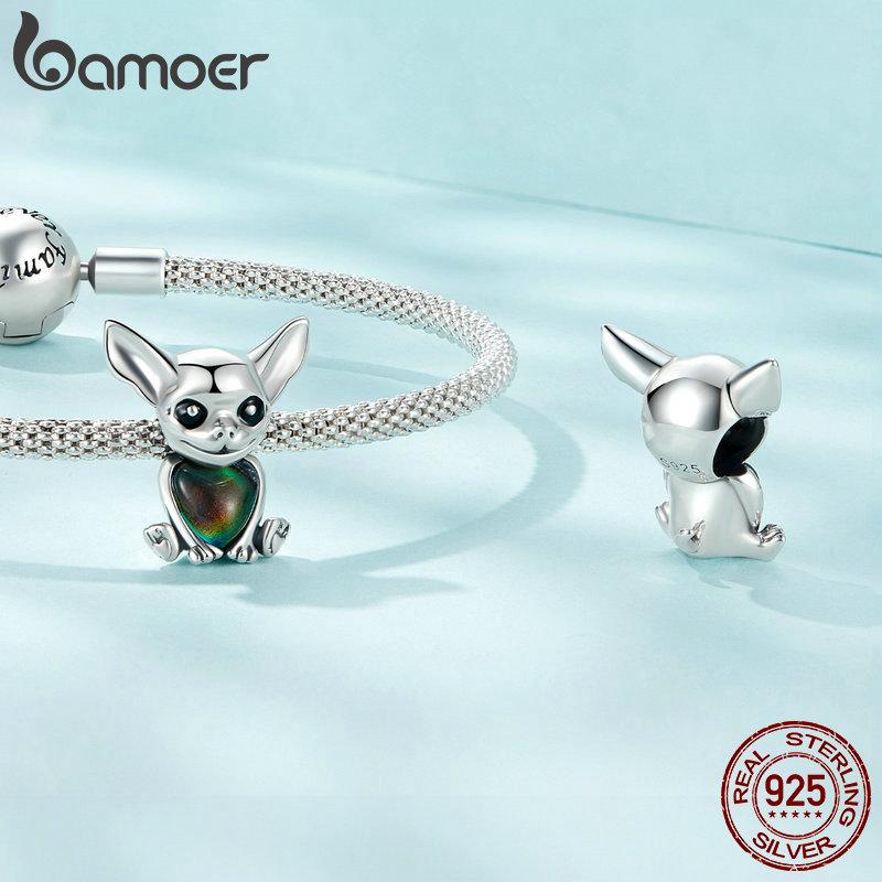 BAMOER 925 Sterling Silver Mood Stone Astronaut Charms Cute Chihuahua Dog Beads for Women Bracelet and Bangle DIY