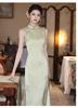 New Chinese style national style embroidered long cheongsam women's 1011 spring and summer new slim and thin lady fan can be worn every day