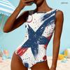 Women Plus Size High Round Neck Sleeveless Star Printed One Piece Swimsuit Red Blue White