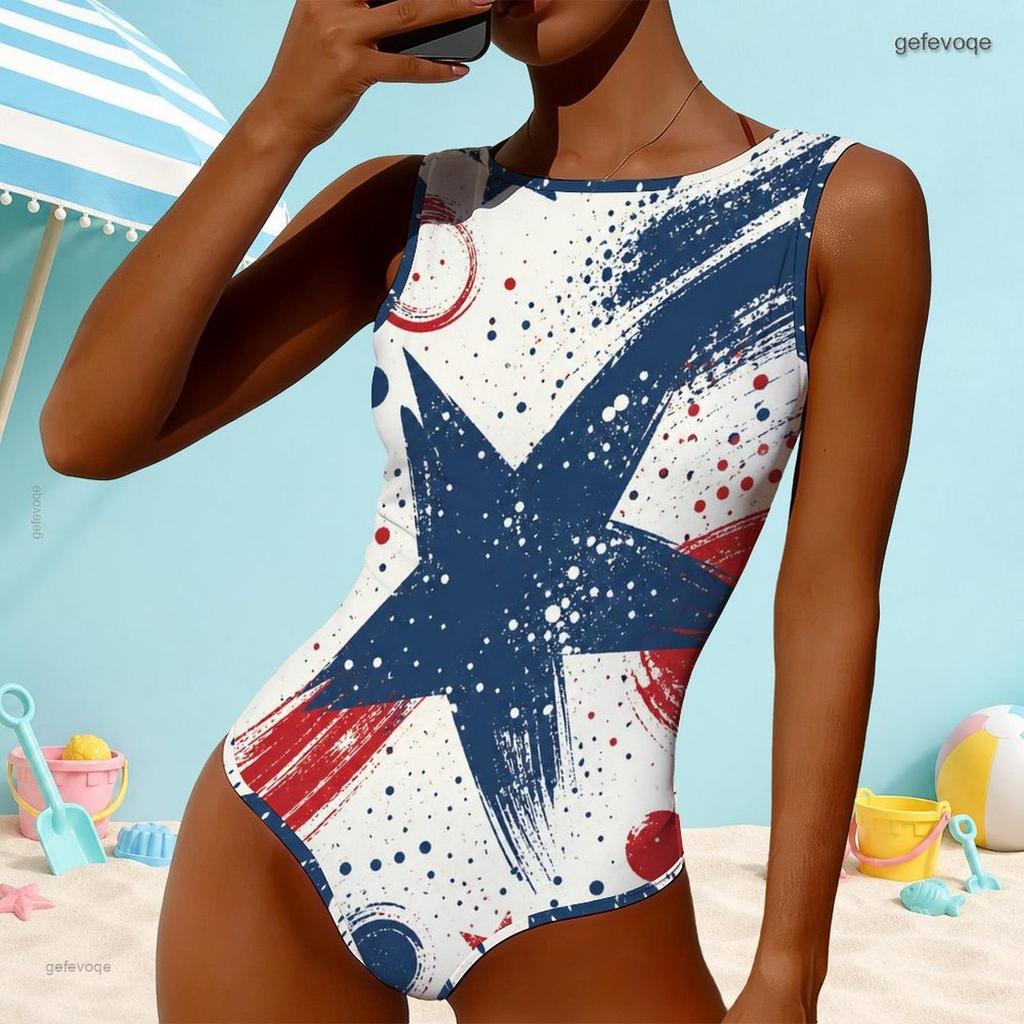 Women Plus Size High Round Neck Sleeveless Star Printed One Piece Swimsuit Red Blue White