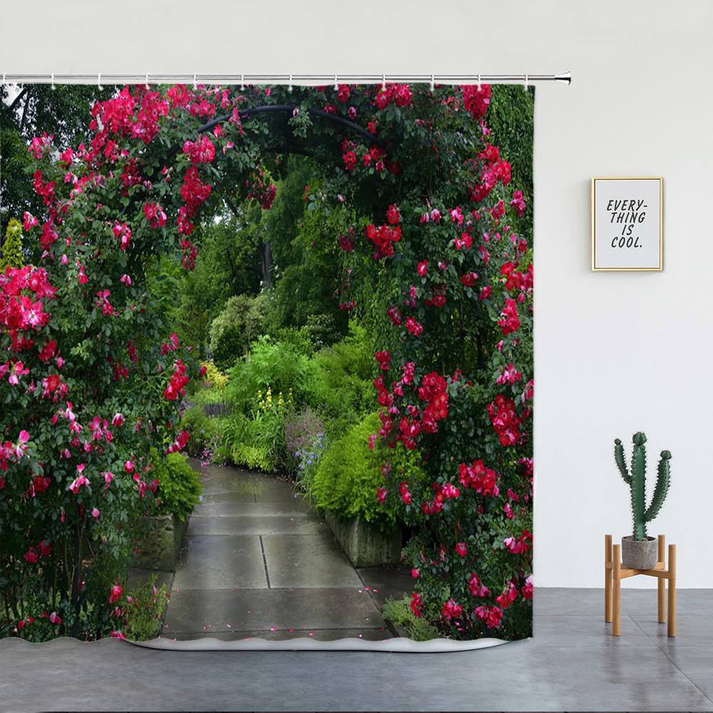 Spring Rural Landscape Shower Curtains Set Pink Flowers Tree Forest Natural Floral Green Plant Scenery With Hooks Bathroom Decor