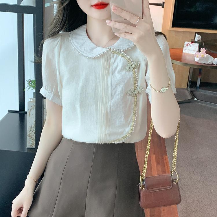 Letní čínská halenka z šifonu s krátkým rukávem Dámský letní top Módní a stylová halenka