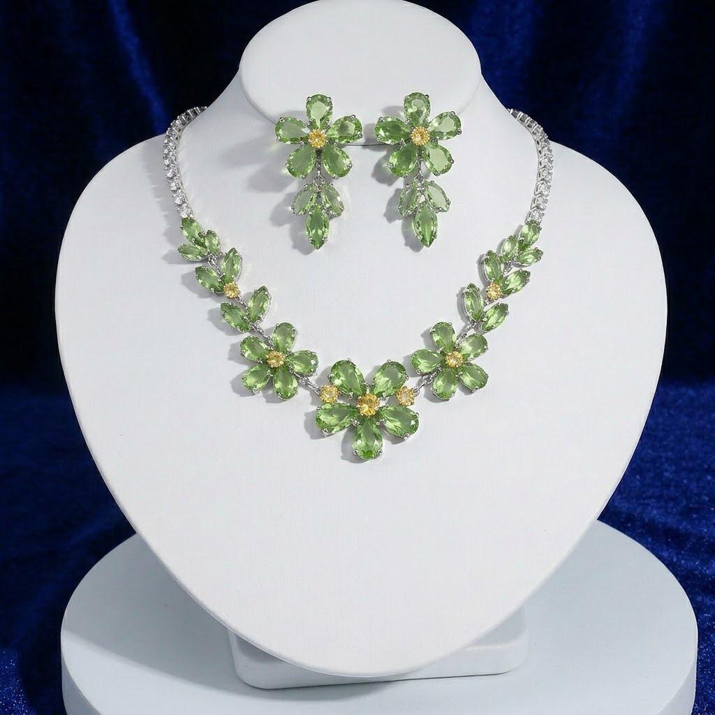 European & American Style Zircon Plum Blossom Necklace & Earrings Set – Green, Transparent, Chic Clavicle Design