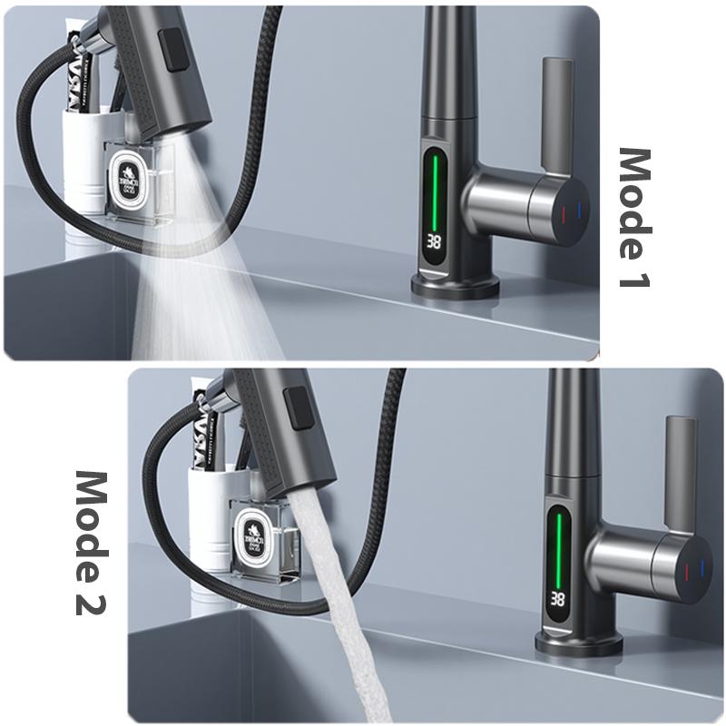 Waterfall Temperature Digital Display Basin Faucet Lift Up Down Stream Sprayer Hot Cold Water Sink Mixer Wash Tap For Bathroom