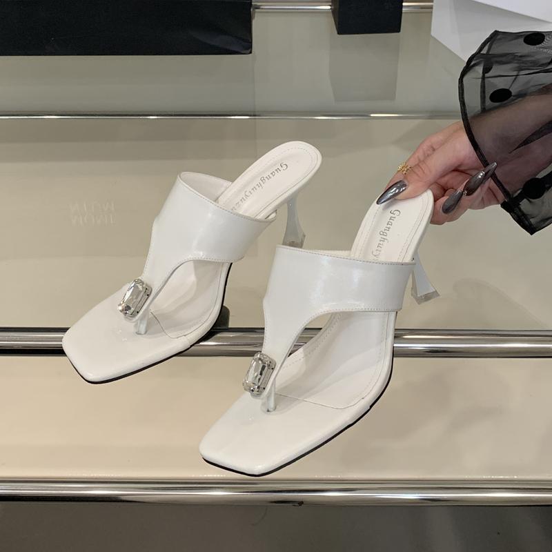 Fashion SUOJIALUN 2025 New Brand Women Slipper Fashion Crystal Slip On Flip Flop Shoes Thin High Heel Elegant Outdoor Dress Sandal Pumps