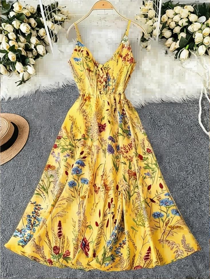 DamenMaxikleid mit Spaghettiträgern, Blumendruck und Bindekragen