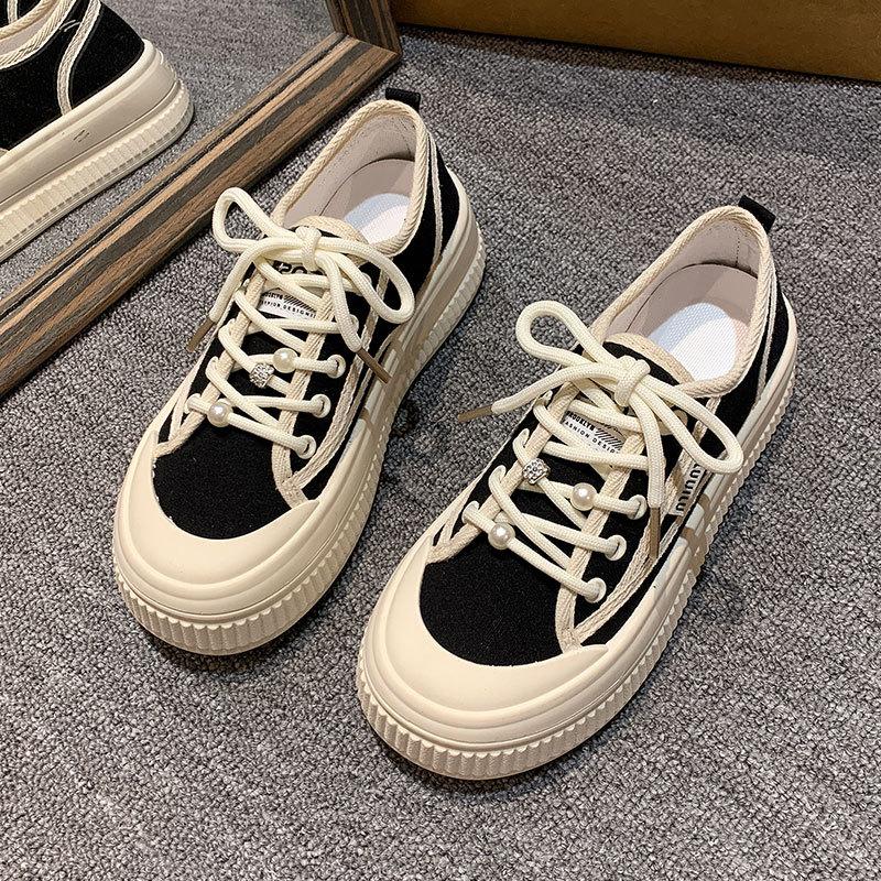 Xiaoxiangfeng Pearl Canvas Shoes Women's Spring New Super Fire Thick-soled Lace-up Small Casual Board Shoes