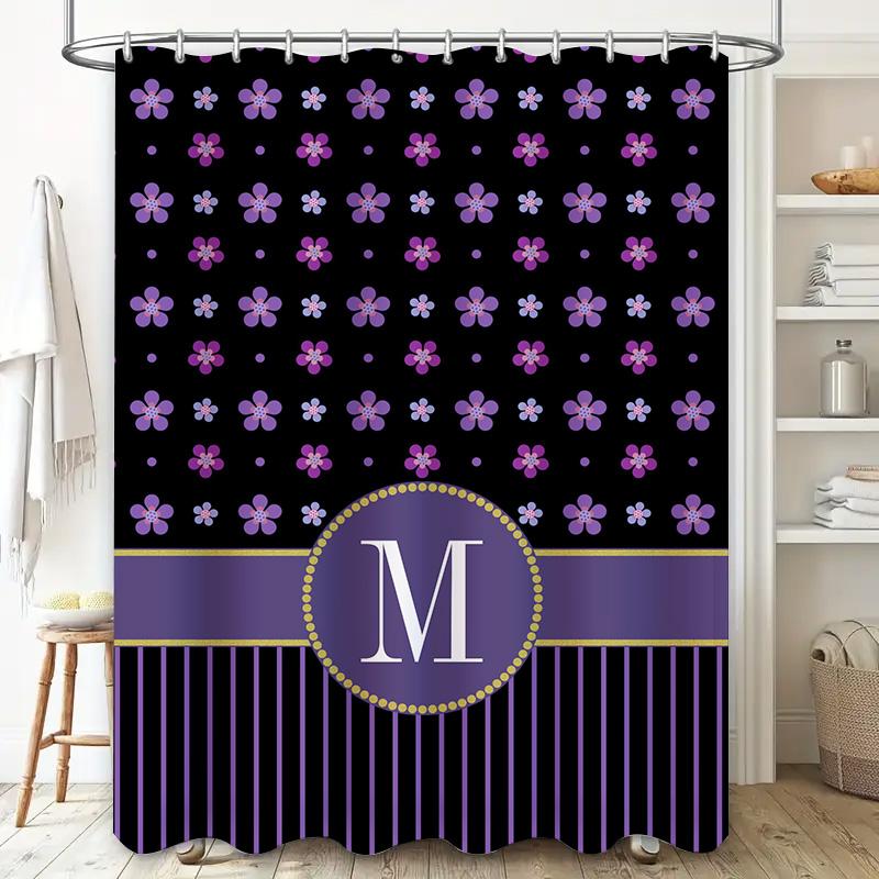 Purple Flower Shower Curtain With A Custom Letter Monogram For Home Bathroom Decor Black And Purple Floral Pattern