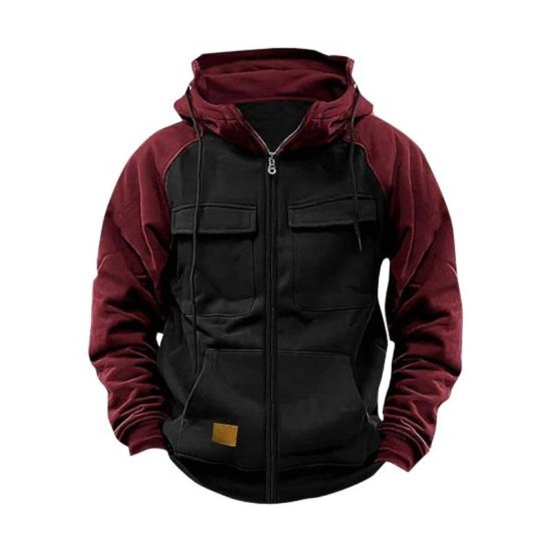 Fall Winter Men Hoodie Zipper Closure Elastic Cuff Retro Multi Pockets Cargo Style Warm Cardigan Coat Mid Length Hip Hop Contrast Color Top