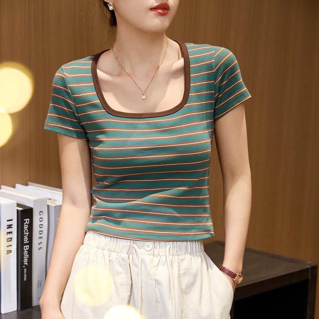 Combed Pure Cotton Retro U-neck Striped Short-sleeved T-shirt for Women's Summer New Style Clavicle Exposed To Look Slim and Short Versatile Top