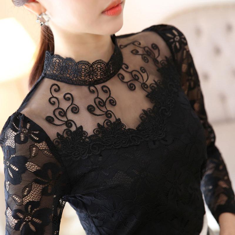 Lace Tops for Women Long Sleeve Fall Winter High Neck Mesh Blouse Slim Fit Hollow Out Casual Shirt