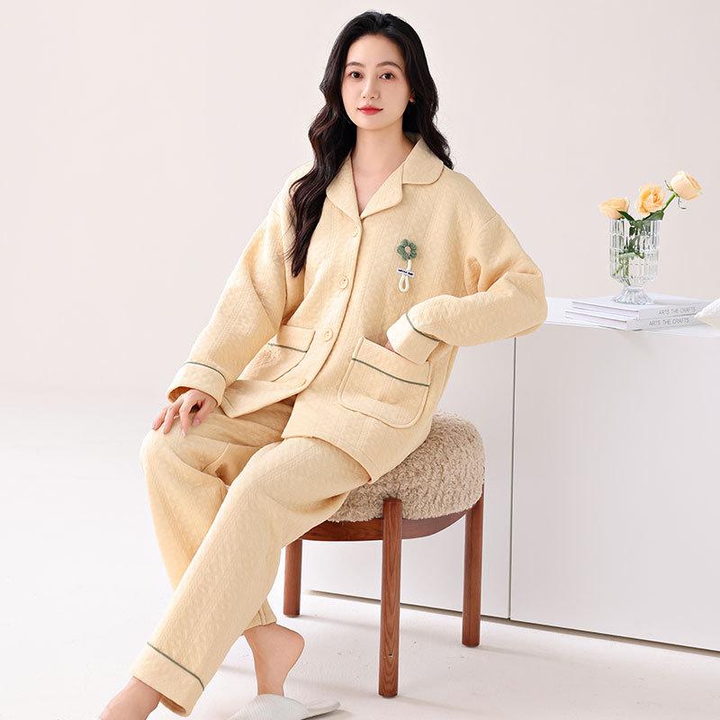 Pajamas Women'S Winter Thickened Pure Cotton Long-Sleeved Sandwich Air Cotton Autumn And Winter Loungewear Winter