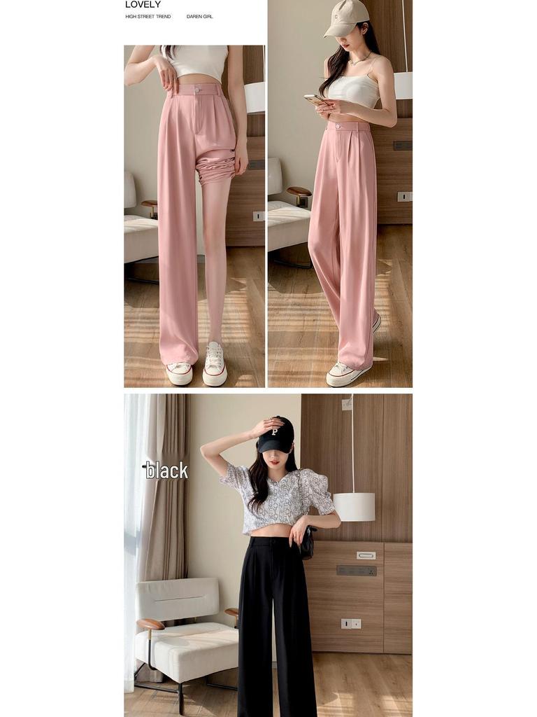 Women's Pink Ice Silk Loose High Waist Wide Leg Pants - Summer & Spring