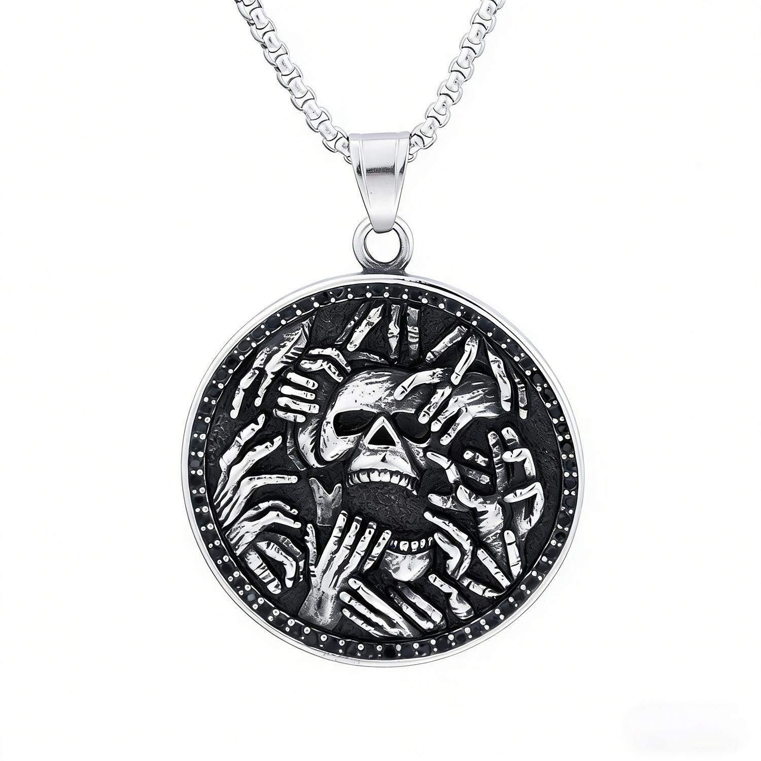 Popular Diablo Gothic Skull Hand Embossed Pendant Jewelry Vintage Stainless Steel Punk Heavy Metal Necklace