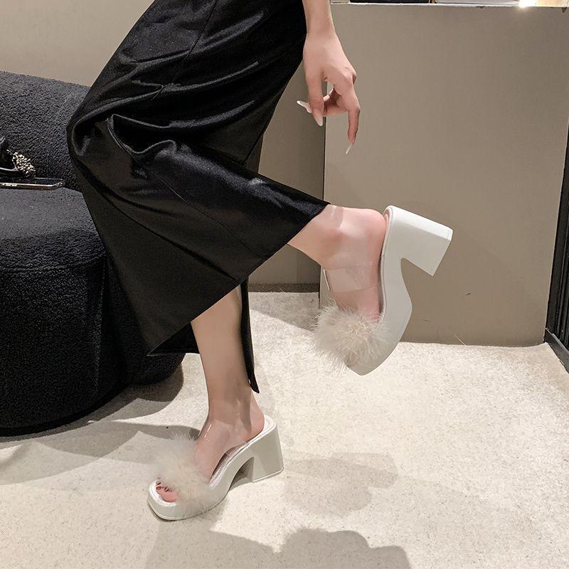 Fairy temperament thick heel sandals female summer 2025 summer new fairy wind transparent word heightening fluffy slippers female