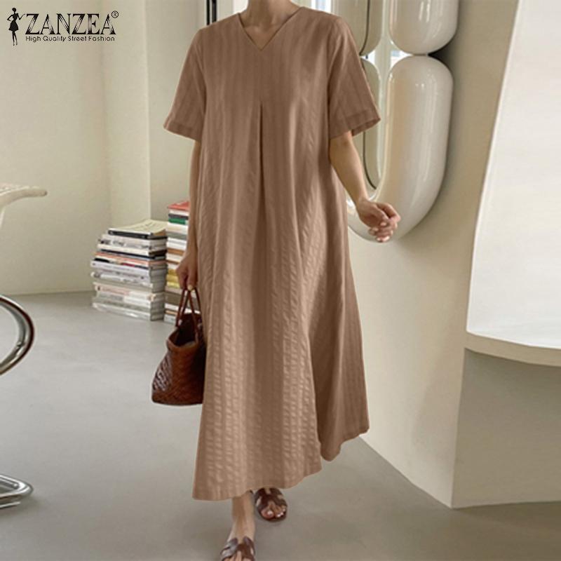 

ZANZEA Женское повседневное однотонное свободное летнее длинное платье с коротким рукавом и v-образным вырезом