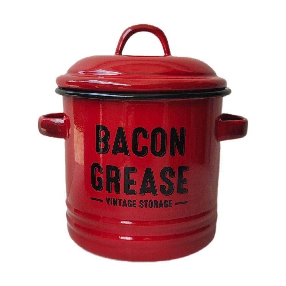 2 Handles Bacon Grease Container Lid Enamelware Cup 2025 Seasoning Storage Tank
