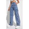 Womens Rigid Straight Fit Denim Pants With Multiple Pockets Vintage Washed Blue High-Waisted Casual Jeans