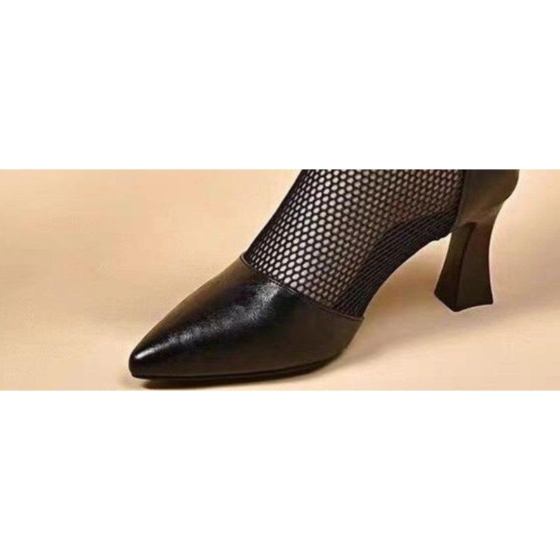 Soft Leather Sandals with Hollow Design, Cool Boots, New Pointed-toe High-heeled Shoes, Mesh Fabric Shoes