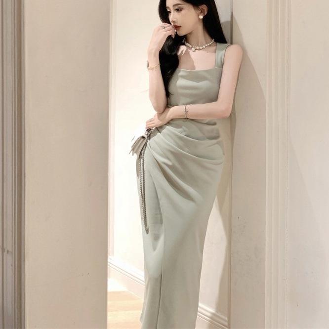 Elegant Satin Square Neck Pleated Camisole Bodycon Dress - Women's Slim Fit Long Summer Dress, New Arrival.