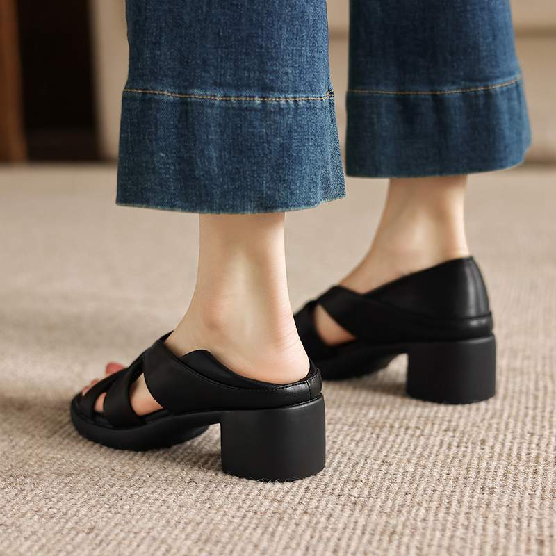 Krazing Pot Mikrofaser Mode Dicke Mittlere Absätze Peep Toe Schuhe Europäisches Design Sommer Größe 43 Größe 42 Plateau Damen Sandalen