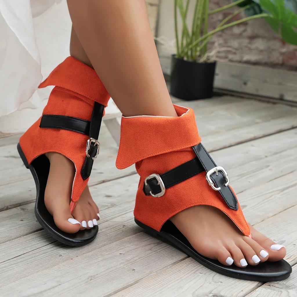 New Summer Clip Toe Roman Sandals Denim Belt Buckle Large Size High Top Flat Boots Women Dressy Casual Sandals