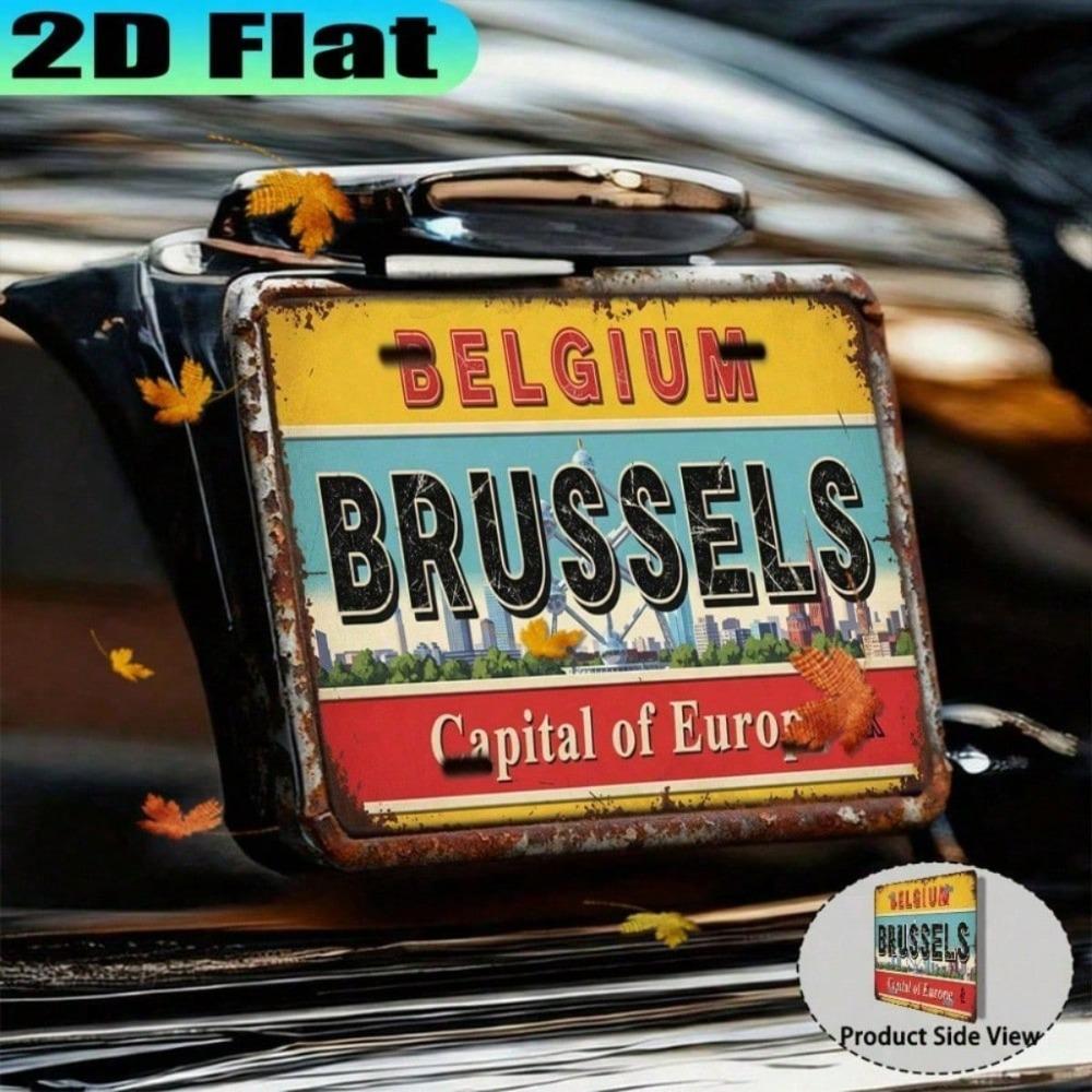2D Flat Brussels Retro License Plate Frame, Waterproof Aluminum Car Tag Cover, 5.9x11.8in Vintage Urban Decor