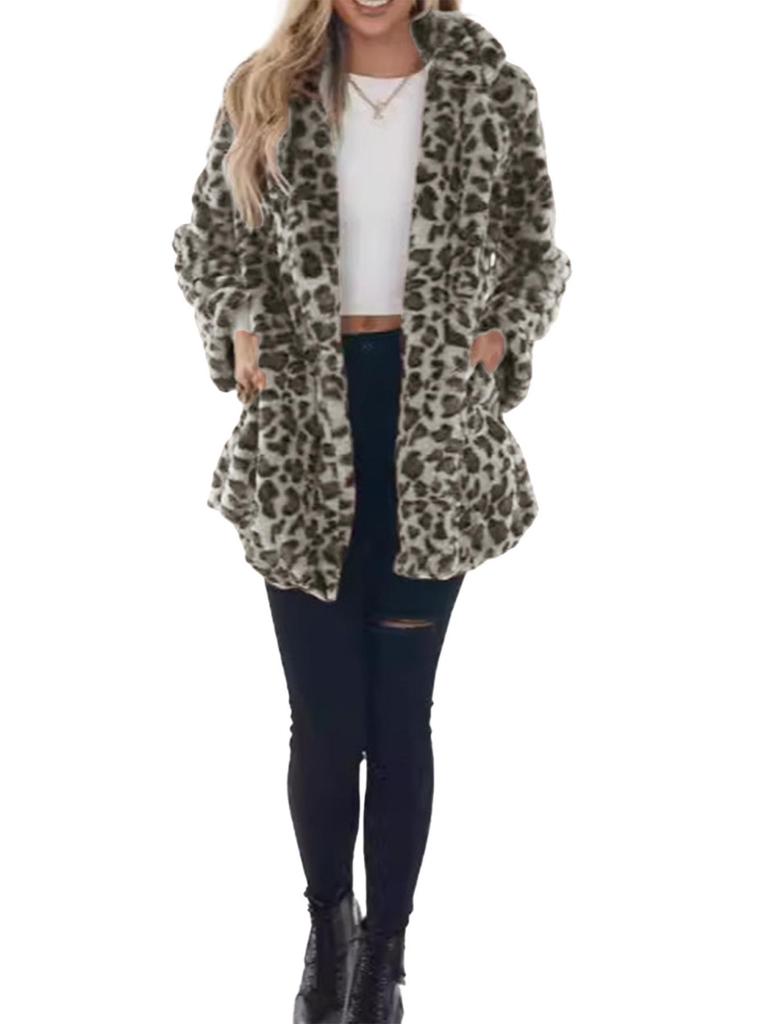 2024 Fall/Winter Leopard Print Women's Faux Fur Coat with Pockets - Plush, Loose Fit, Fashionable and Cozy