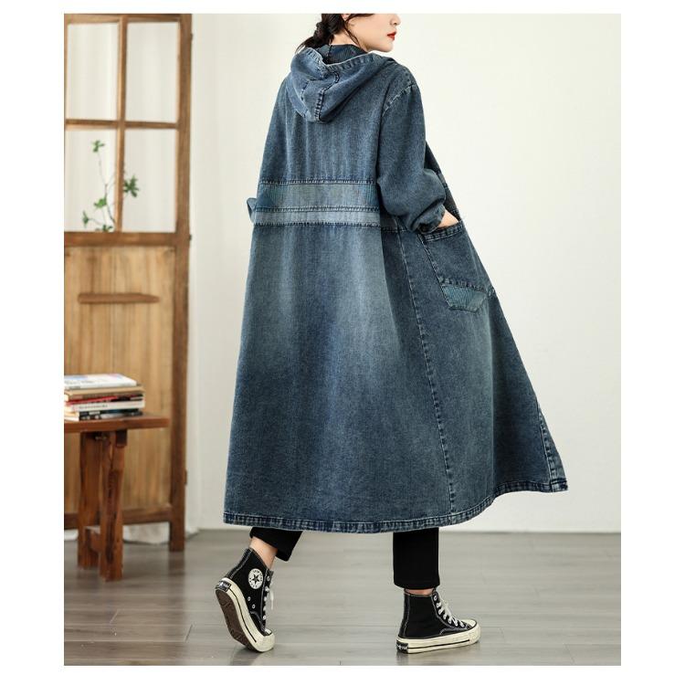 European Style Patchwork Denim Jacket Women Hooded Loose Fit Long Trench Coat Autumn Oversized Outerwear Plus Size