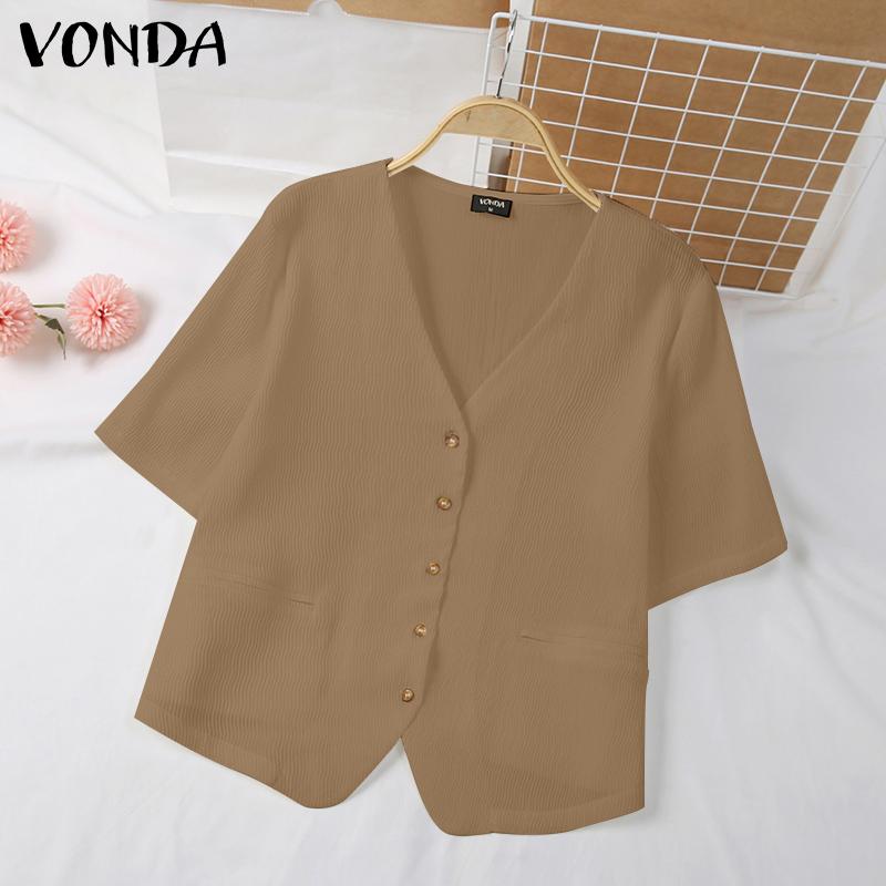 

Летняя женская свободная рубашка с коротким рукавом VONDA с ​​v-образным вырезом и открытой планкой