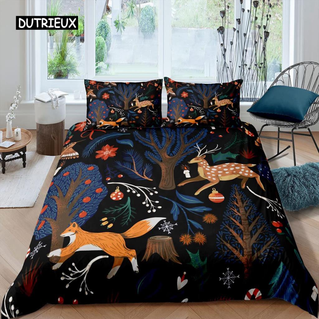 Fox Duvet Cover Set Girls Cartoon Fox Bedding Set Lovely Animal Theme Comforter Cover for Kids Teens King Polyester Quilt Cover