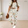 Women Plus Size White Printed Round Neck Short Sleeve Top Drawstring Cuffed Pants Two Piece Set With Pockets