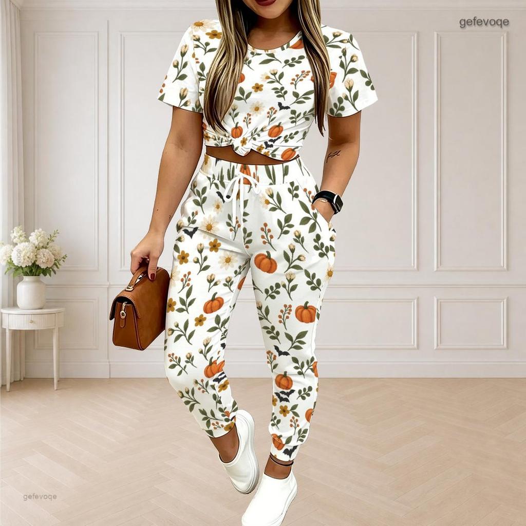 Women Plus Size White Printed Round Neck Short Sleeve Top Drawstring Cuffed Pants Two Piece Set With Pockets