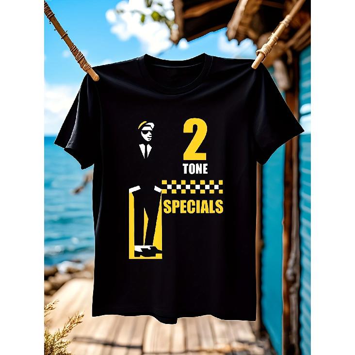 Men S The Specials 2 Tone Ska Dub Graphic T-Shirt - Black with Yellow Retro Music Band Design, Checkered Print & Number 2 Specials Logo, Breathable S чёрный